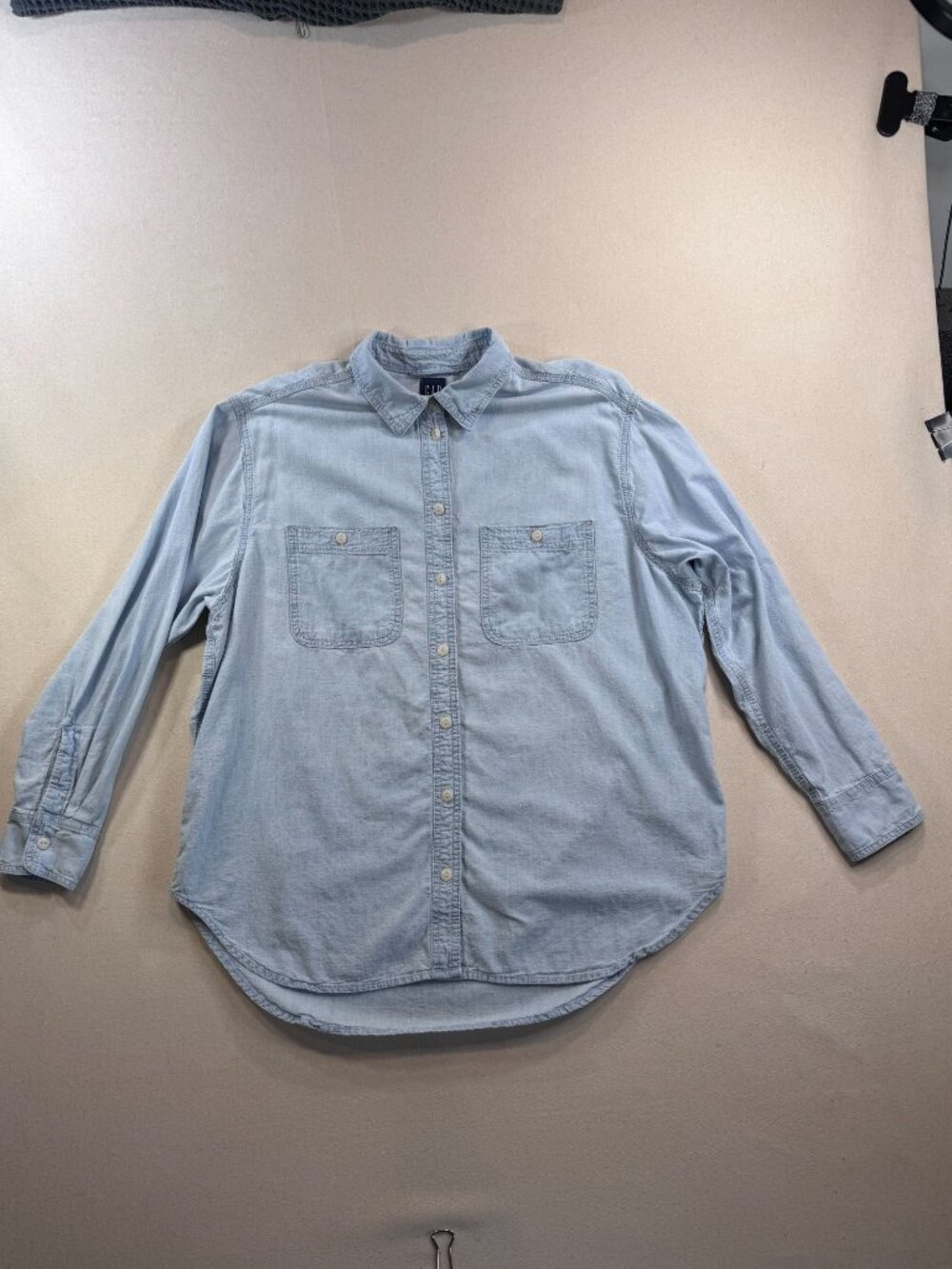 HK98 - GAP The Big Shirt Cotton Chambray Shirt S Light Blue Long Sleeve Chest Po